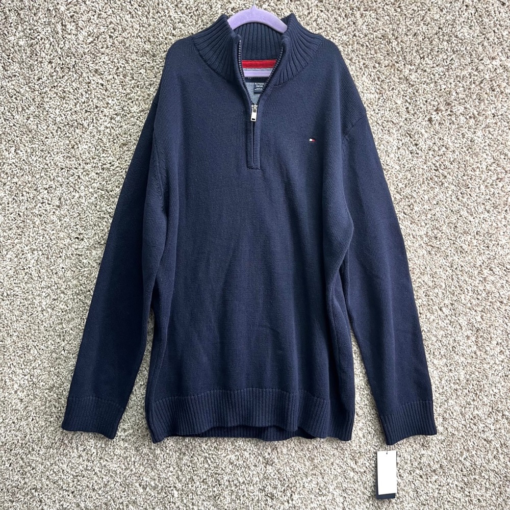 Tommy Hilfiger Sweater Boys XL 18/20 Navy Blazer Quarter Zip Mock Neck Knit NWT